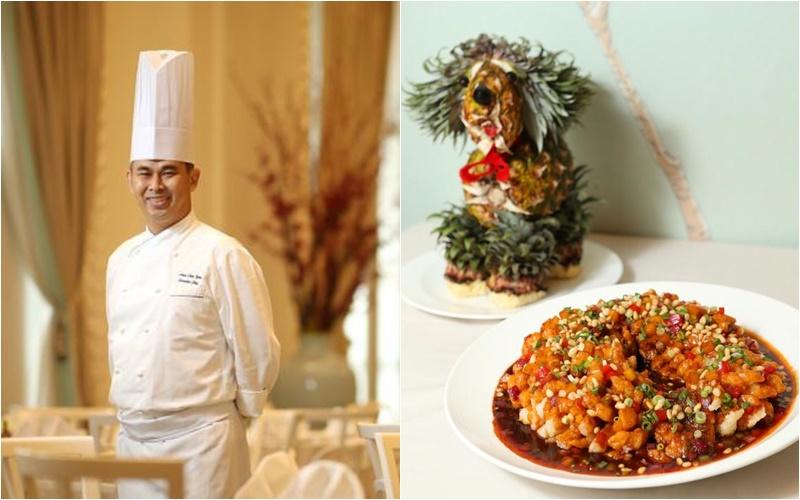 梁志贤（左）与他的糖醋菊花鱼，以及亲手调制的“黄梨狗”。（叶振忠摄影）