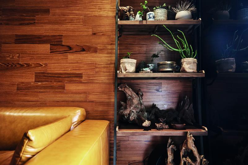 柚木板条饰墙面纹理营造参差不齐的美感，也是植物盆栽、木块摆设的天然舞台。