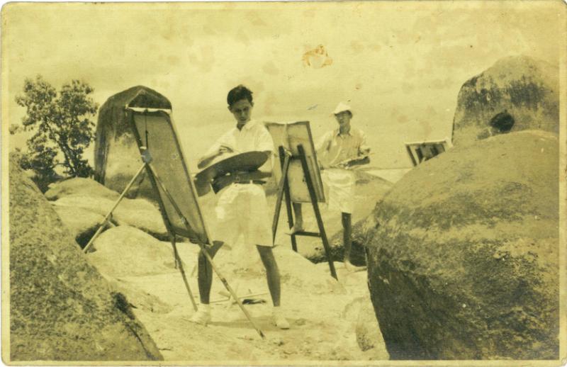 上世纪六七十年代,林子平与十人画会成员到青蛙岛(靠近乌敏岛)写生。(集菁艺社提供)