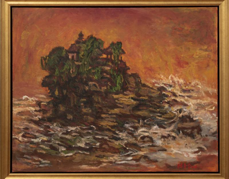 林子平一生一直在画峇厘岛,图为2004年油画《海神庙》。(集菁艺社提供)
