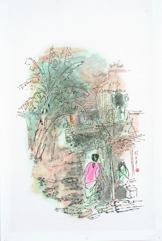 林子平1970年的水墨画《粉色妇女》利用线条与颜色的晕染营造甘榜氛围。(集菁艺社提供)