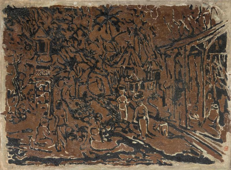 林子平1960年代油画《无题》取材峇厘岛,用厚涂颜色团为背景,框起画面构图,浅浮雕的金石味。(集菁艺社提供)