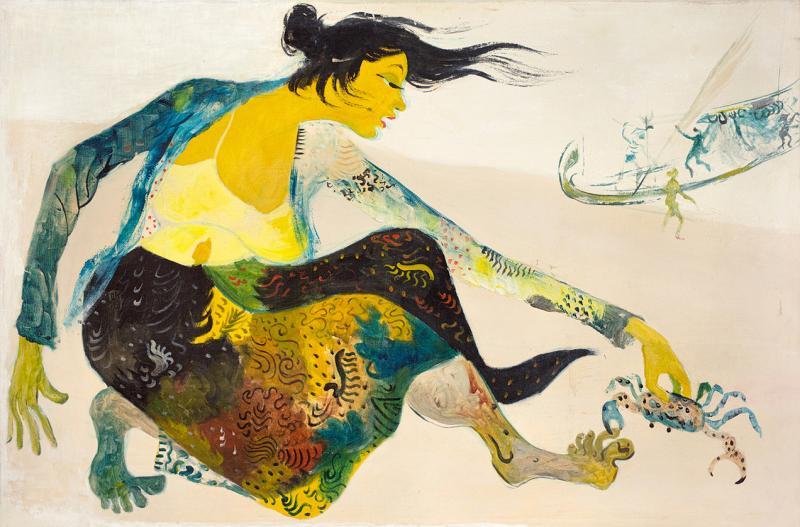 古纳万作品《被螃蟹咬》(1970)展现幽默感。