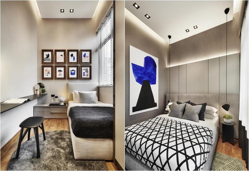 （左图）客房的单人床走狭长的造型，墙上一排画打破墙面的单调；（右图）主人房床头的板饰呼应客厅宽度不一的镜面。