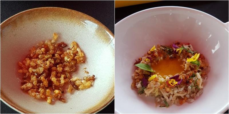 炸熟后的蚂蚁幼虫,吃起来爽脆。右图为蚂蚁幼虫泰南螃蟹咖喱,是比较精致的吃法。(黄亿敏摄)