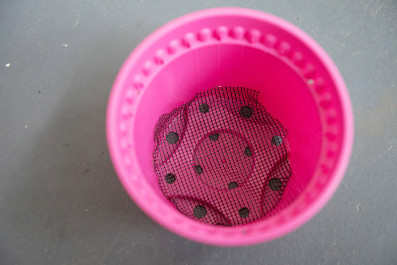 把结网、咖啡滤纸或土工布放入花盆。