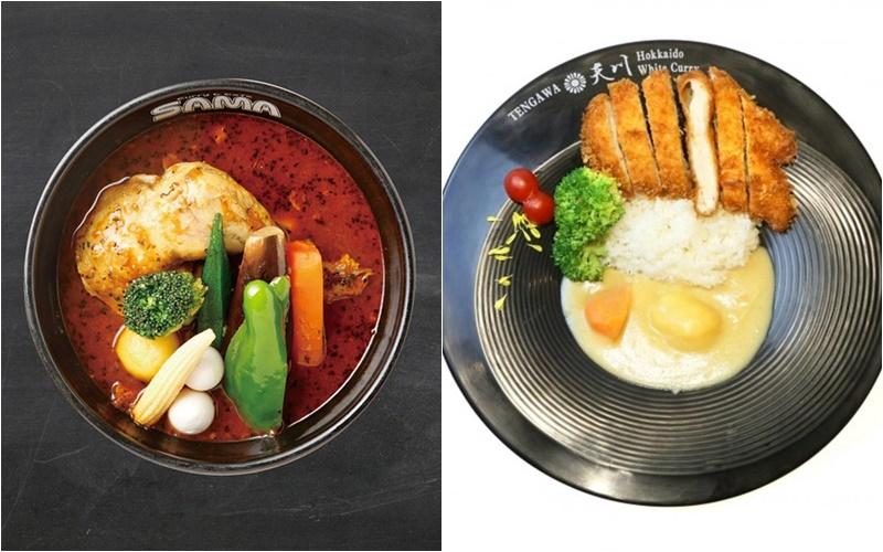 汤咖喱(左图)是北海道必吃菜单中的特色美食;白咖喱可搭配不同肉类、海鲜上桌。这道炸鸡扒白咖喱饭酥而不腻。