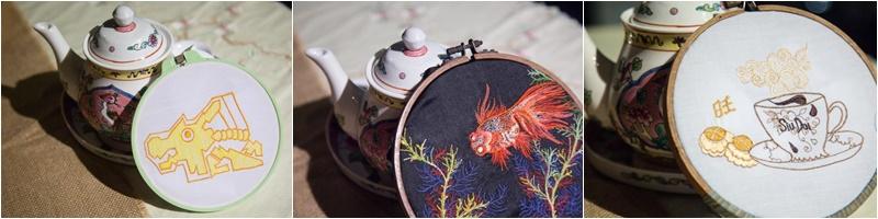 参加工作坊的公众可选择手绣其中一个图案:大巴窑龙头游乐场、传统咖啡黄梨挞或金鱼。