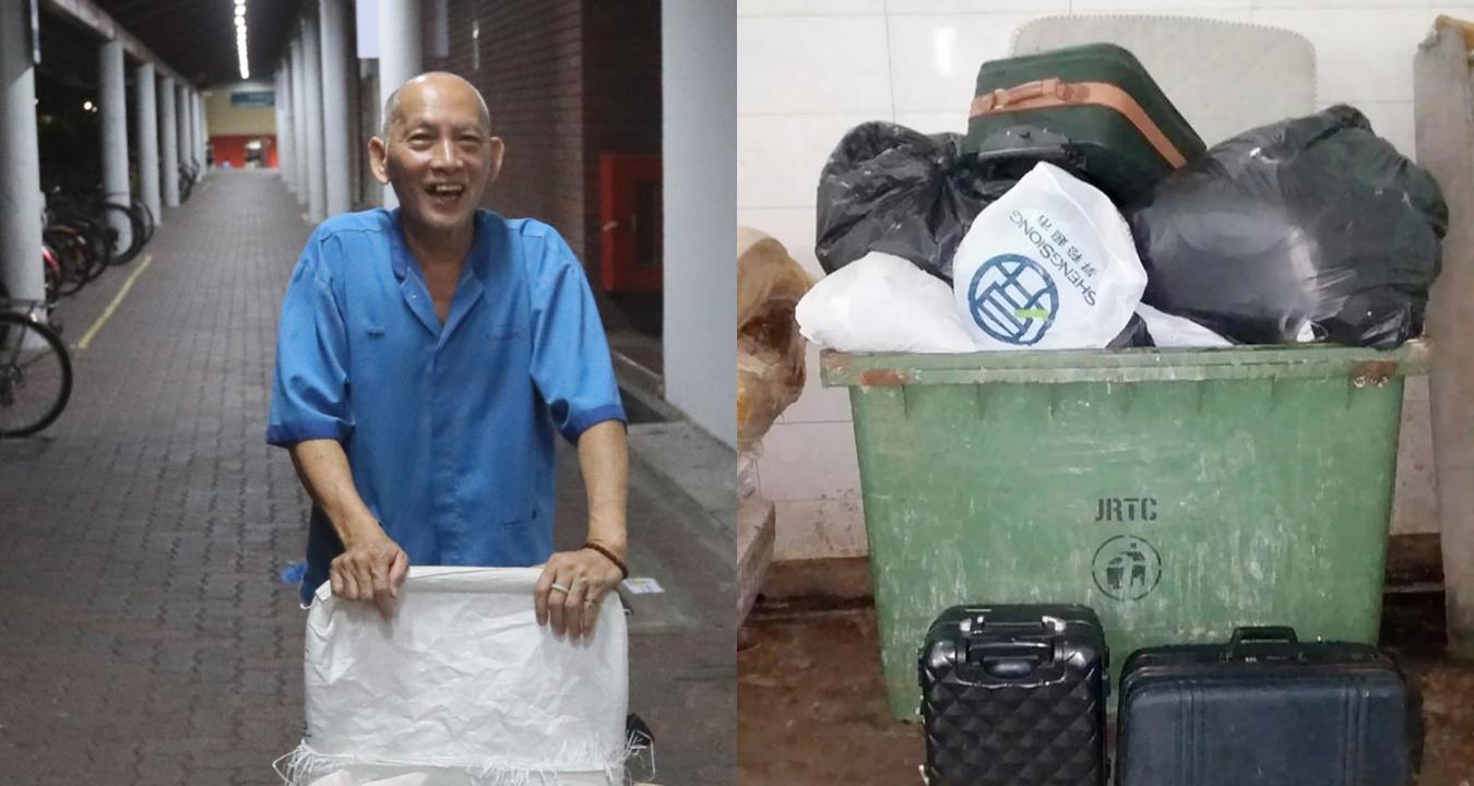（吴伟国摄）右图：胡锦荣目前从事清洁工，睡房收拾好后每晚都可安心入睡。左图：议员找人上门帮胡锦荣清垃圾，两天内利用660公升的手推垃圾车来回跑了16趟。（取自穆仁理面簿）