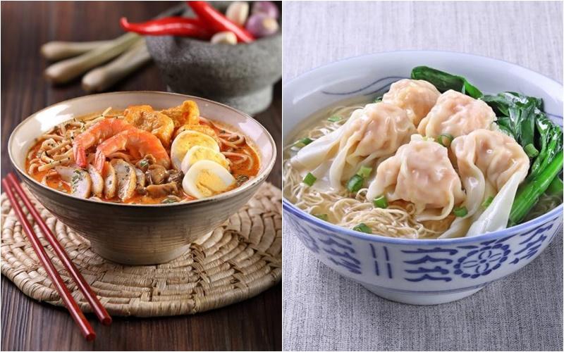 国民美食叻沙和云吞面。（Hill Street Coffee Shop/香港盛记甜品）