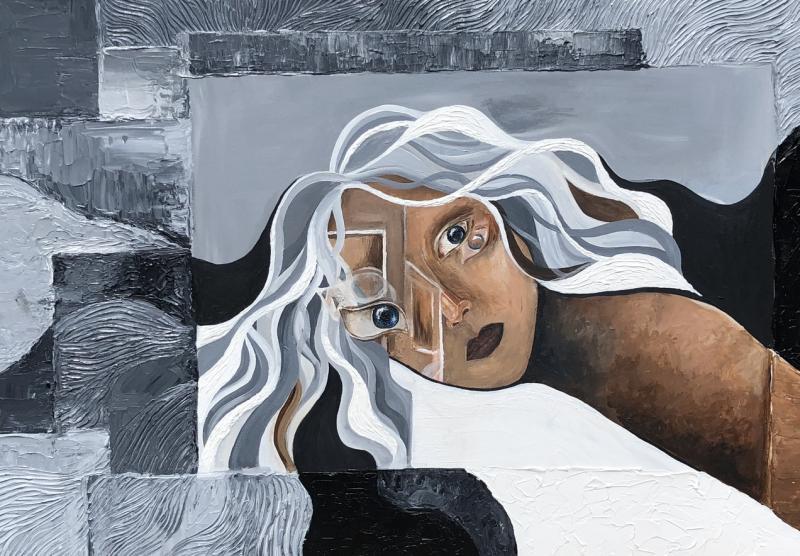 除了室内跳伞,傅诗玲还真传了父亲的艺术天分。她目前就读于新加坡艺术学院,这是她的四眼女郎画作。