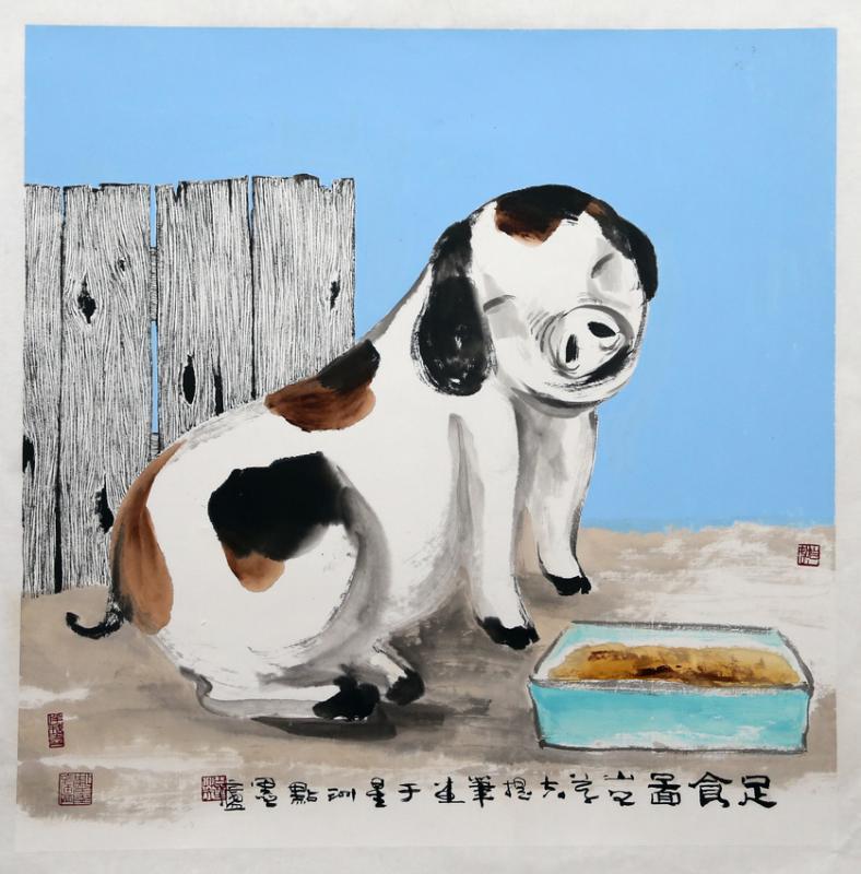 林仰章《足食图》寓意丰衣足食,背景为浅蓝色。