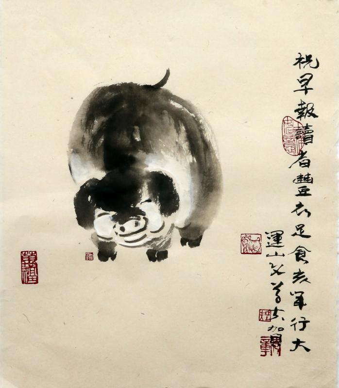 林仰章为《联合早报》读者作猪画,“祝早报读者丰衣足食,亥年行大运”。