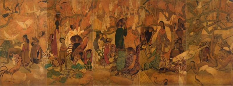 新加坡峇迪绘画代表人物佘金裕描绘马来甘榜生活,近7米长的大幅峇迪壁画(1968)在新加坡国家美术馆星展展厅展出,是拉萨尔学院美术馆馆藏品。(拉萨尔学院提供)