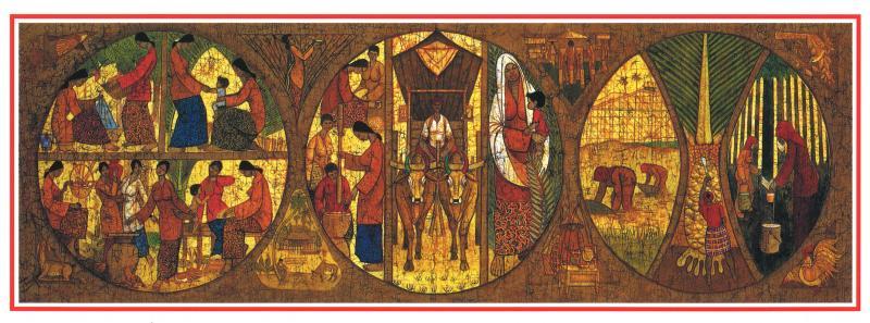 马来西亚画家蔡天定峇迪画《和谐村》融入中国陶瓷开光技法,以不同组图呈现甘榜浮世绘生活景象,被选入联合国贺卡。(椰风画廊提供)