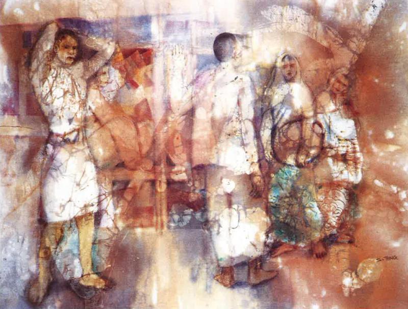 蔡小丁峇迪画的抽象或印象派风格更加突出,街景人物重叠的朦胧美。(椰风画廊提供)