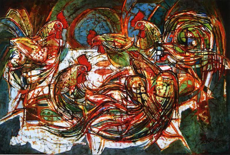 肖鸡的蔡小庆以鸡画闻名,色彩鲜艳,讲究线条。(受访者提供)