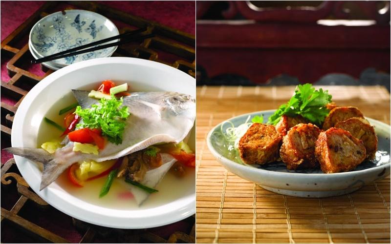 醉花林品潮轩的招牌菜肴包括潮蒸鲳鱼、潮州五香枣。