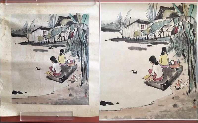 本地著名画家钟四宾作品，修复前后洗去黄霉，画面焕然一新。（受访者提供）