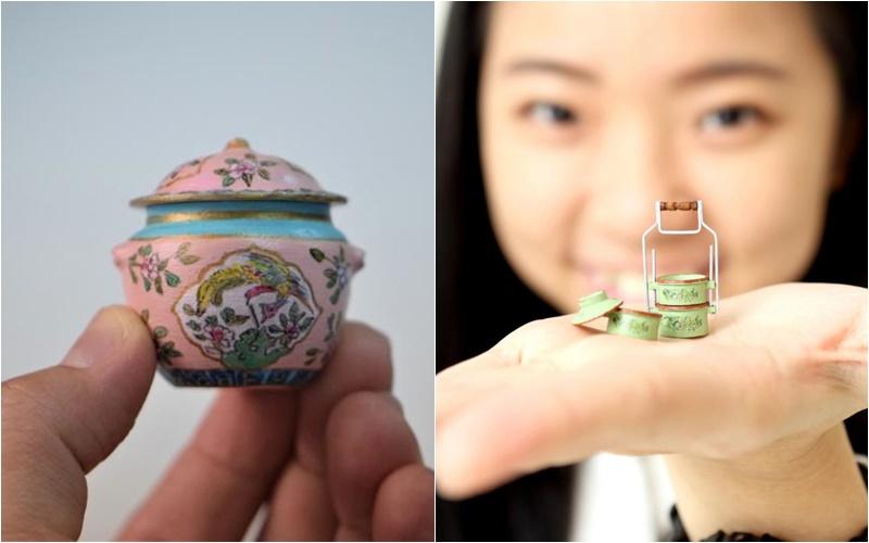 林佩雯喜欢制作袖珍娘惹器皿作个人收藏，包括瓷罐与传统的三层铝制铁盒（tingkat，龙国雄摄）。