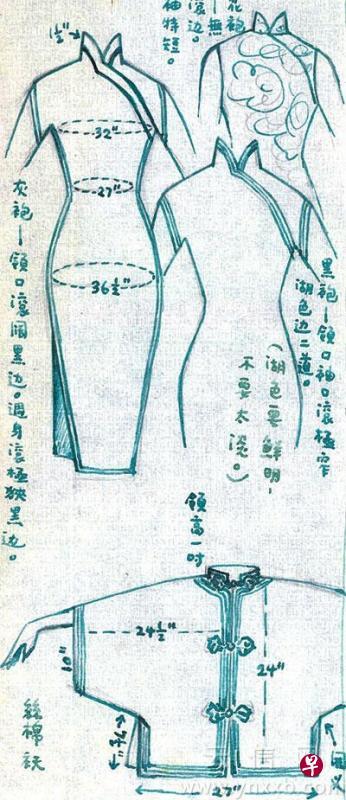 张爱玲写给闺蜜邝文美的信巨细靡遗地画出旗袍设计与尺码。（取自宋以朗博客Zonaeuropa）