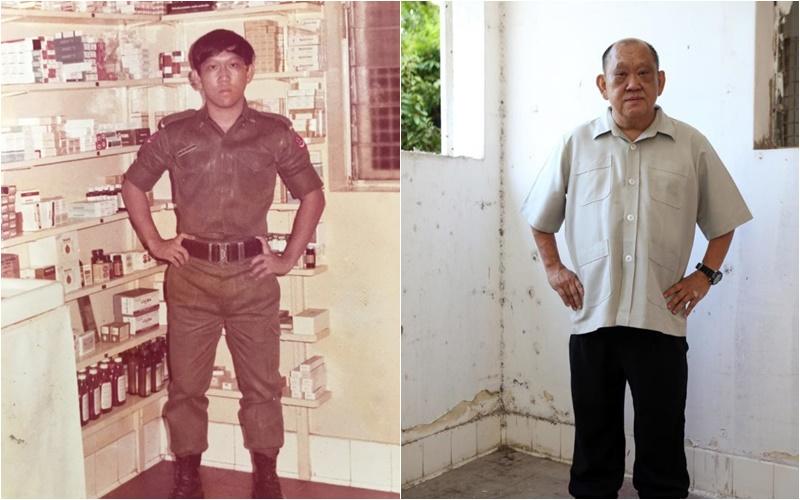 林方明在1975年服兵役期间被派到药剂部门工作,成排的药架如今已荡然无存。(林方明提供,谢智扬摄)