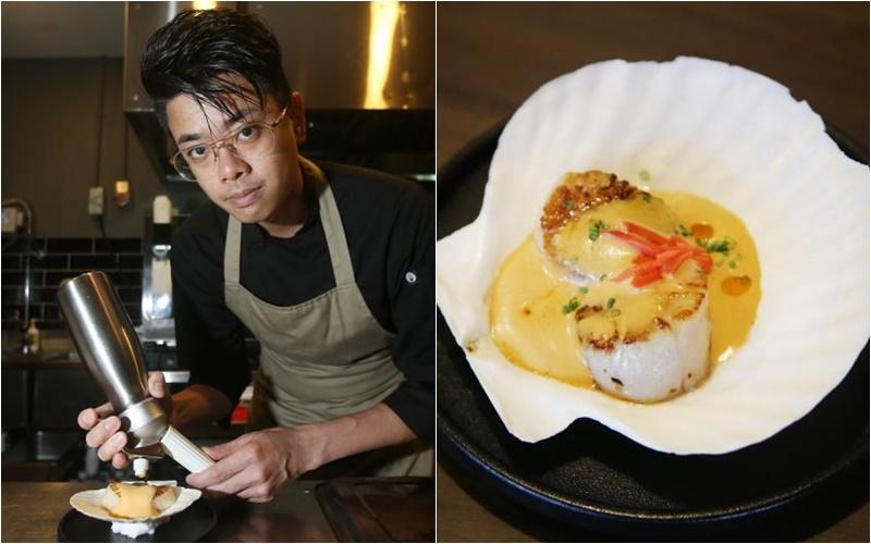 Gake主厨周承伟把本地风味注入日本料理中,例如北海道带子加入叻沙口味的泡沫(右)。(梁伟康摄影)