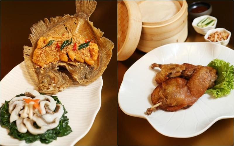 多宝鱼二味，有酥炸金沙杏仁片和松菇炒松露油时蔬。左图为招牌香酥爱尔兰鸭。