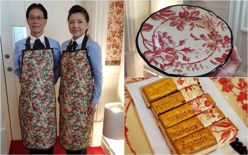 限时餐馆的服务生也穿古驰服饰。餐盘和壁纸设计相呼应。甜品Charley Marley巧克力饼中加入咖椰。（黄亿敏摄）