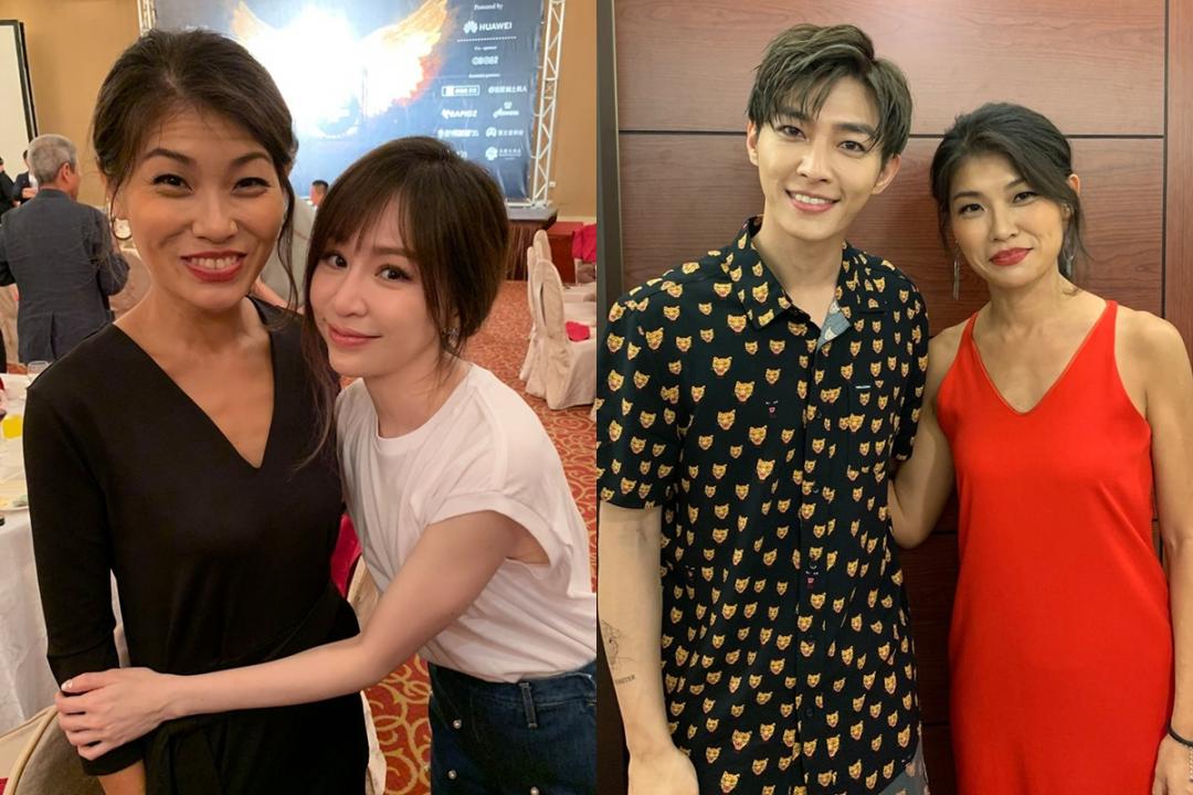 小寒在庆功宴上与王心凌、炎亚纶等歌手开心合照。(照片由受访者提供)