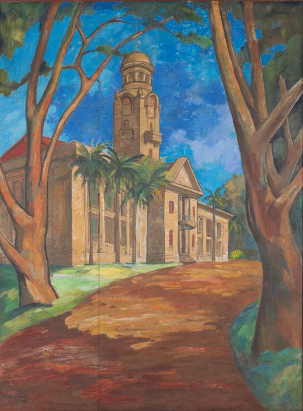 先驱画家钟四宾的油画《华中钟楼》(1948)修复经历四个月,过程复杂,工艺繁难。