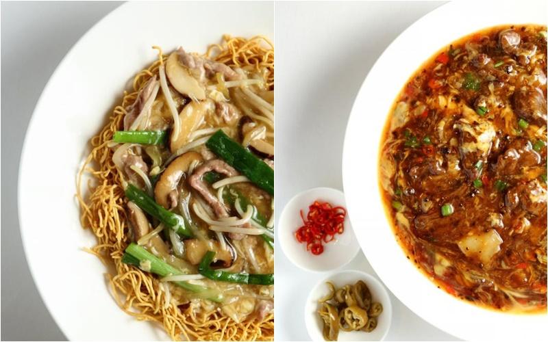 （左图）榨菜肉丝香煎面在面条吸收汤汁至微软时品尝，非常美味；右图为豉汁滑蛋烩牛河，非常考火候和炒功，河粉顺滑，牛肉刚好熟透。