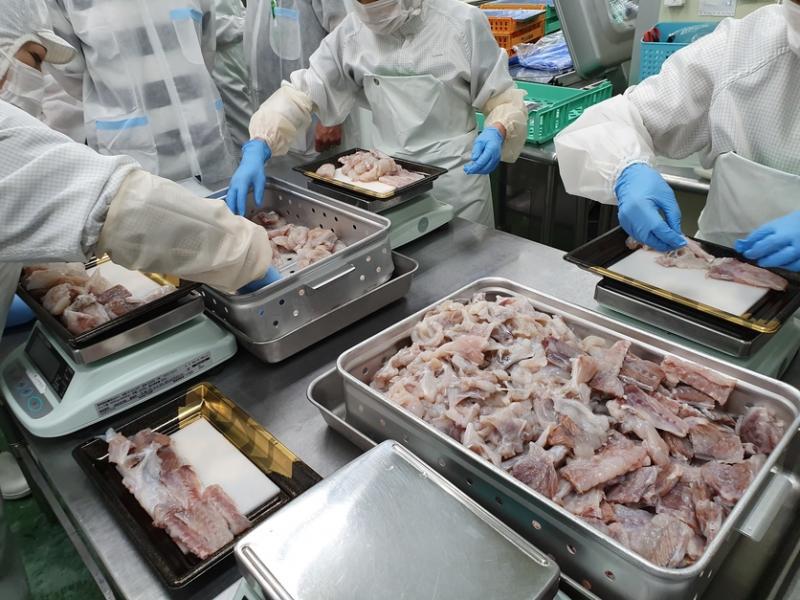 日本首家河豚专门供应商福太郎本部按客户需求,把河豚成件处理。