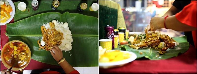 祭祖的食物很丰盛，一般会把食物放在香蕉叶上。（龙国雄摄）