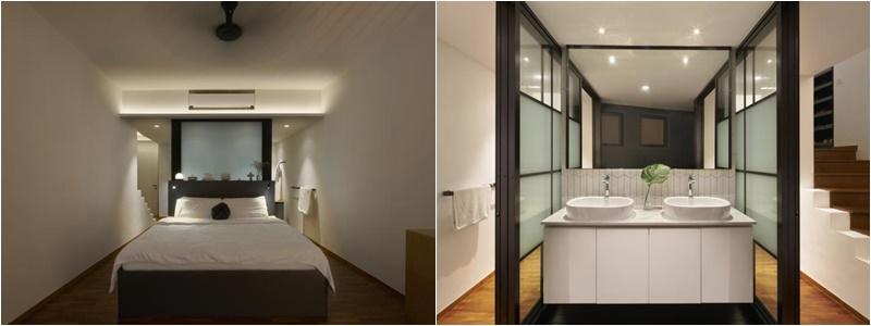 双人床在中间(左图),床头后的玻璃厢是浴室、卫生间和盥洗台(右图),拉长空间感。