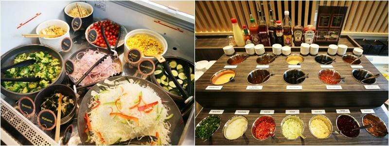 最新的盐麹炸排概念店Shiokoji Tonkatsu Keisuke,选择套餐就可享用免费沙拉(左)和炸排蘸酱(右)。(龙国雄摄)