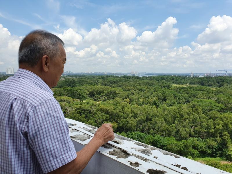 兴合村民郭钿波遥望已成一片树林的前甘榜,对面是马国柔佛巴西古当工业区。(陈爱薇摄)