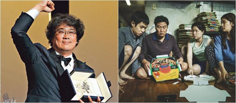 韩国导演奉俊昊(左)凭电影《寄生上流》(上)获颁康城影展最高荣誉“金棕榈奖”。