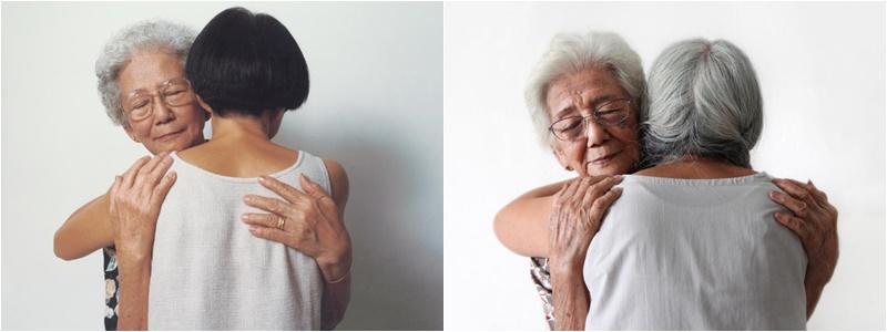 王良吟与母亲的摄影系列《另一个女人》1996－1997年及2014年版本，母女从缺乏沟通到互相拥抱的过程触动人心。（新加坡美术馆提供）