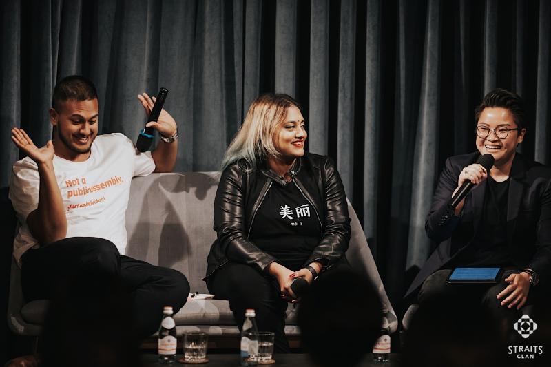 关心社会课题的谢靖仙(右一)去年主持了一个讨论种族歧视的讲座,主讲人包括网红普丽蒂(Preeti Nair)和她的哥哥苏峇士(Subhas Nair)。(受访者提供)