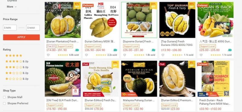 榴梿及相关食品，于电商虾皮热卖。（互联网）