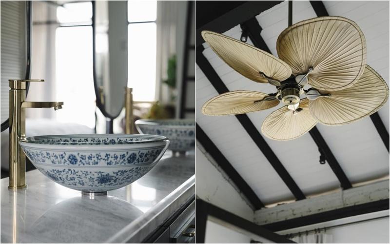 左图:设计师选用了两只巨大的青花瓷碗为男女主人打造一对洗脸盆。右图:主人房的电风扇扇翼换成老南洋情调的沙爹扇。