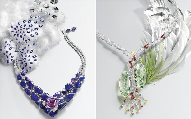 (左图)卡地亚Hemis项链采用铂金、一颗71.08克拉枕形紫锂辉石、欧泊,以及粉色和白色圆形明亮式切割钻石打造而成。(右图)卡地亚Tillandsia项链。18K白金,两颗椭圆形绿柱石,总重163.97克拉,一颗0.55克拉暗彩橙棕色梨形钻石,黄色玫瑰式切割钻石,黄色和白色圆形明亮式切割钻石。