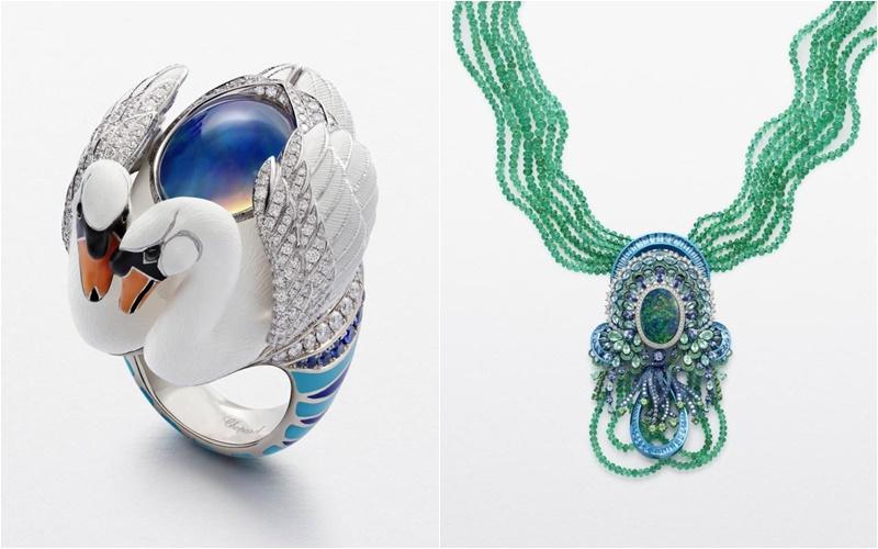 (左图)“公平采矿”认证18K白金天鹅戒指,包含9.1克拉的墨西哥白欧泊,以及明亮式切割钻石和蓝宝石。(右图)“公平采矿”认证18克拉白金和钛项链,搭配翡翠珠子以及23.76克拉的黑欧泊、帕托石,以及明亮式切割钻石、绿色碧玺,以及蓝宝石。