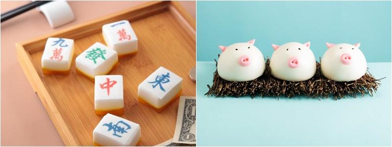 (左图)唐宫小聚的麻将造型“麻将果冻”。(右图)唐宫小聚的可爱猪仔造型芋头包“芋头猪仔”。