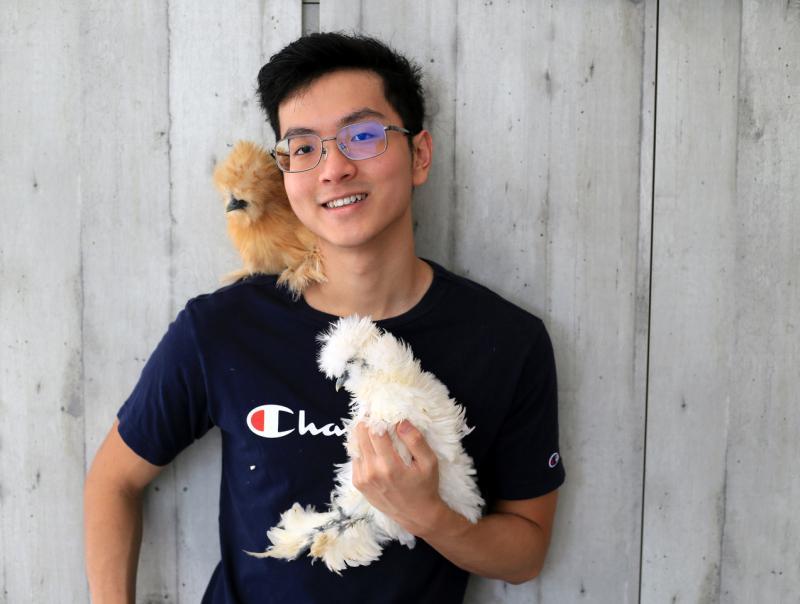 新加坡科技设计大学学生陈兴杰说,鸡很聪明,懂得自己的名字。(龙国雄摄)