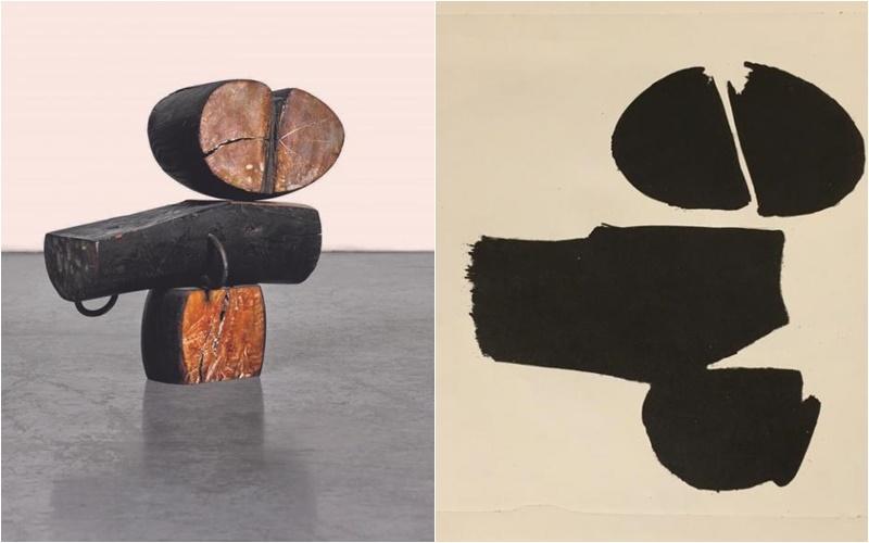 林真金的木头与金属雕塑作品(1959)和版画(1960)“Sphynx”。