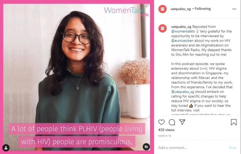 Caitlin透过U Equals U SG的帖文分享个人经历以及关于HIV的知识。(U equals U SG提供)