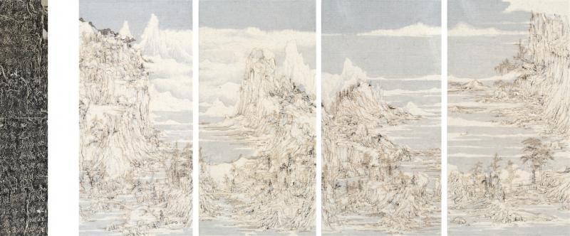 王天德四联画《溪山寻坡图》(2020)以宣纸、水墨、火焰与拼接碑拓,呈现一个又一个岛屿连成的国家。