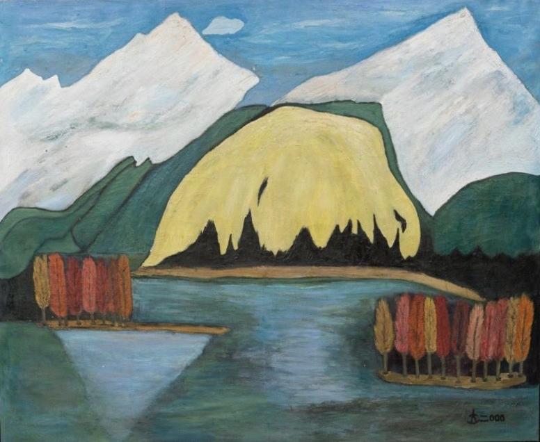 大幅风景油画《雪山(新西兰)》(2000)用大量的色块表现雪山与水的倒影。